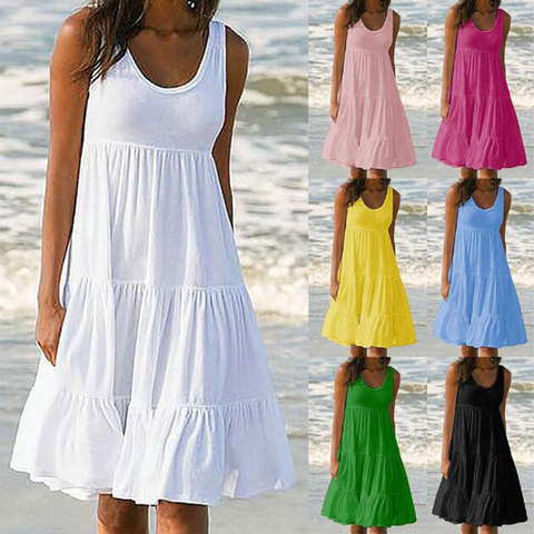 Jocoo Jolee Women Causual O Neck Sleeveless Ruffles Mini Dress Boho Solid Beach Sundress Plus Size Loose Dress 2022 Summer ► Photo 1/6