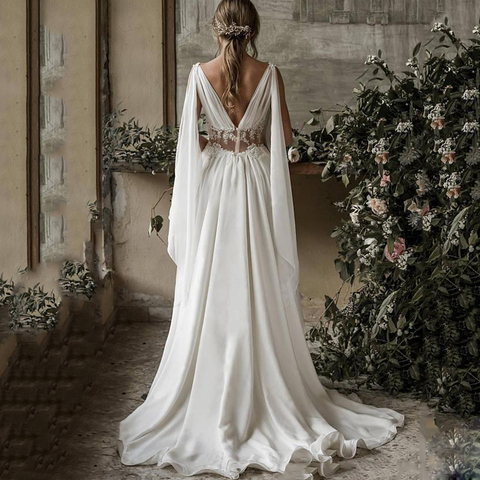 2022 Boho Beach Wedding Dresses A Line V Neck Sleeveless Sweep Train Bridal Gowns Applique Chiffon Backless Plus Size ► Photo 1/5