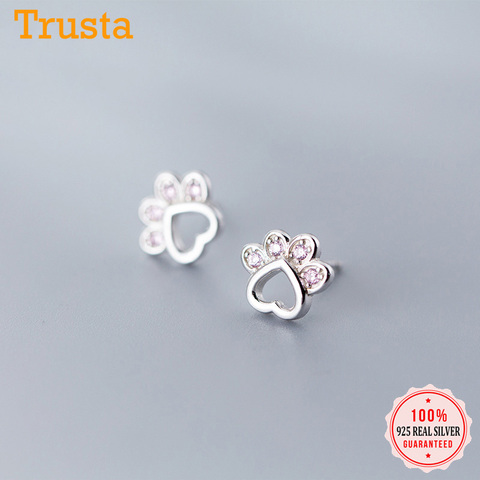 Trustdavis 925 Sterling Silver Animal Dog Cat Paw Pink Twinkling CZ Stud Earring For Women Footprints Valentine's Day Gift DA908 ► Photo 1/6