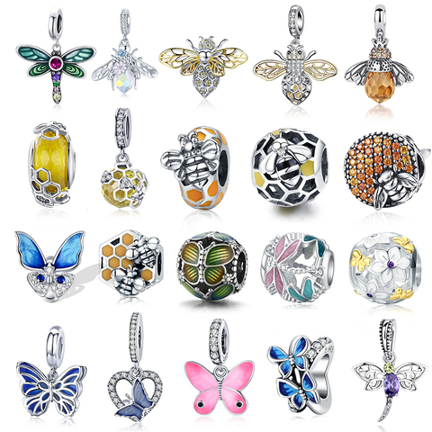 WOSTU Honey Bee Honeycomb Charms 925 Sterling Silver Butterfly Dragonfly Enamel Zircon Beads Pendant DIY Bracelet Jewelry Making ► Photo 1/6