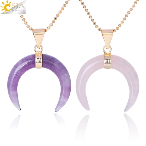 CSJA Natural Stones Crescent Moon Necklaces Pendants Purple Crystal Pink Quartz White Stone Gold Color Reiki Women Jewelry F306 ► Photo 1/6