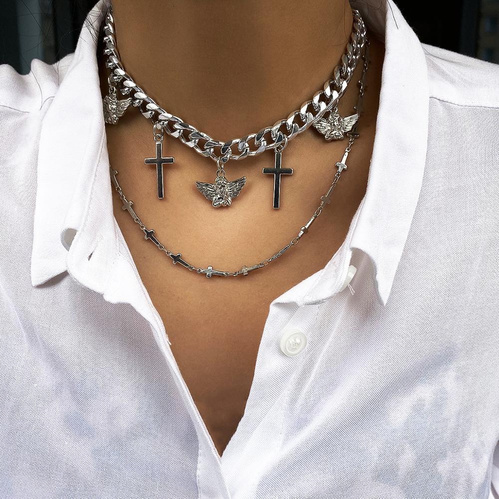Buy Online Multi Layered Curb Cuban Choker Necklace Set Cross Bird Pendant Chain Necklaces Women Hip Hop Jewelry Bijoux Femme Alitools