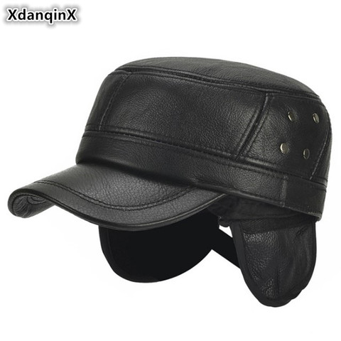 XdanqinX Adjustable Size Men Warm Genuine Leather Cap Army Military Hats Earmuffs Hat Adult Men's Cowhide Leather Hat Brands Cap ► Photo 1/6