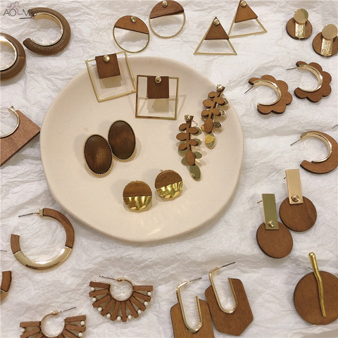 AOMU Fashion Geometric Square Flower Big Wooden Dangle Earrings For Women Retro Golden Drop Earring 2022 Female Ethnic Jewelry ► Photo 1/6