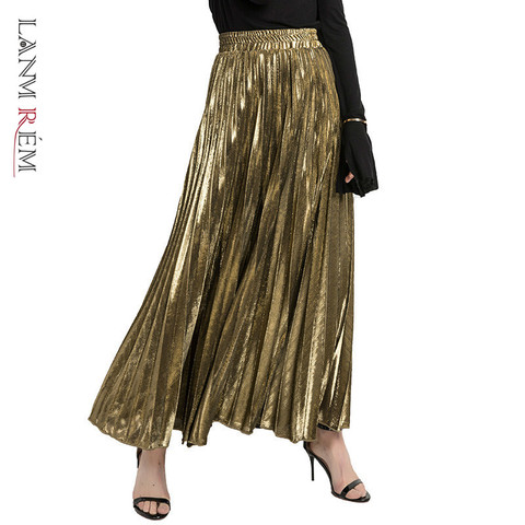 LANMREM 2022 new autumn fashion women clothes high waist A-line pleated sliver vintage elastic long halfbody skirt WH28501XL ► Photo 1/6