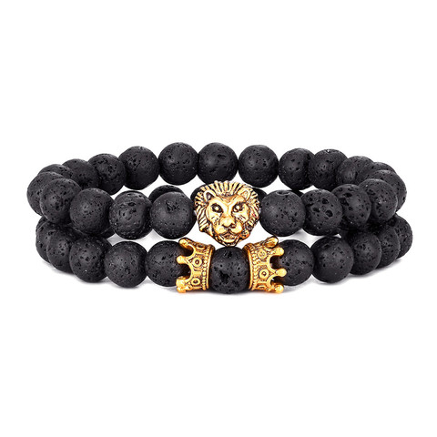 2 Pcs / Set Vintage Lion Head and Crown Charm Bracelet 8mm Natural Lava Stone Beads Bracelet Men 2022 Fashion Jewelry ► Photo 1/6