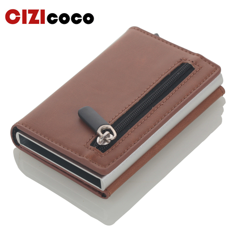 Cizicoco Credit Card Holder 2022 New Aluminum Box Card Wallet RFID PU Leather Pop Up Card Case Magnet Carbon Fiber Coin Purse ► Photo 1/6