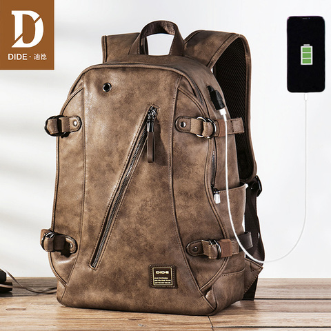 DIDE USB Charging Anti theft Leather School Backpack Bag For teenager fashion male Waterproof travel laptop backpack Men ► Photo 1/6