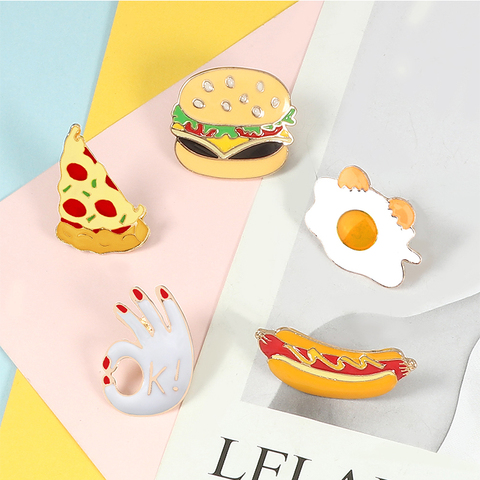 Cute Food Brooch Enamel Pins French fries Egg Burgers Pizza icon badge jacket Backpack Lapel Metal Pin Kids Female Jewelry Gift ► Photo 1/6