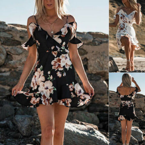 Summer Women New Sleeveless V-Neck Beach Sling Print Dress Ruffle Mini Casual Flying Sleeve Sundress Chiffon Holiday Dress ► Photo 1/6