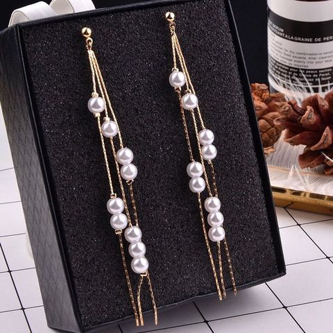 New 2022 popular women's long tassel simulation pearl pendant earrings ladies wedding chain temperament earrings ► Photo 1/3