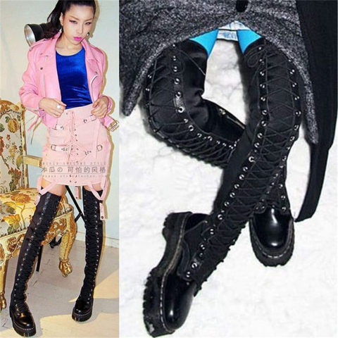 Women Lace Up High Platform Over Knee Boots Thigh High Chunky Oxfords Punk Creepers Cosplay Round Toe Stretchy Booties Gothic ► Photo 1/6