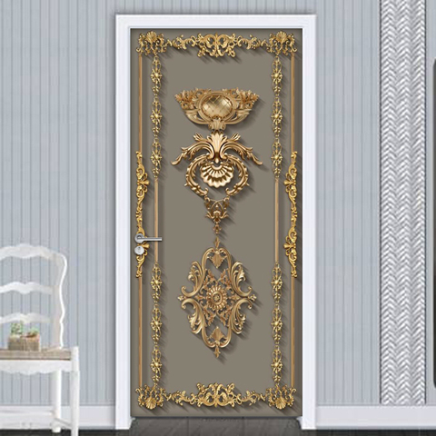 Self Adhesive Door Sticker Wallpaper 3D European Style Golden Flower Pattern Living Room Bedroom Door Mural Sticker Wall Decals ► Photo 1/6
