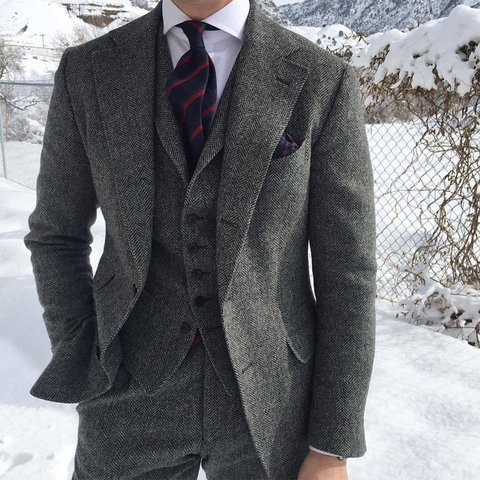 Gray Wool Tweed Men Suits For Winter Wedding Formal Groom Tuxedo 3 Piece Herringbone Male Fashion Set Jacket Vest with Pants ► Photo 1/6