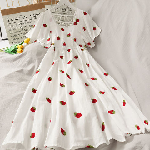 Cherry Dress Strawberry Kawaii Puff Sleeve Dress Women Vintage White Square Neck Beach Dresses 2022 Korean Clothes ► Photo 1/5