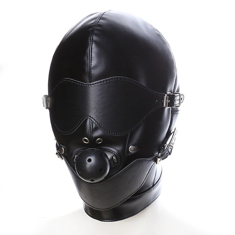 Sex Toys Black Pu Leather Head BDSM Bondage Hood Mask Open Eye Mouth Erotic Couple Flirting Adult Toys Adjustable Mask Cosplay ► Photo 1/6