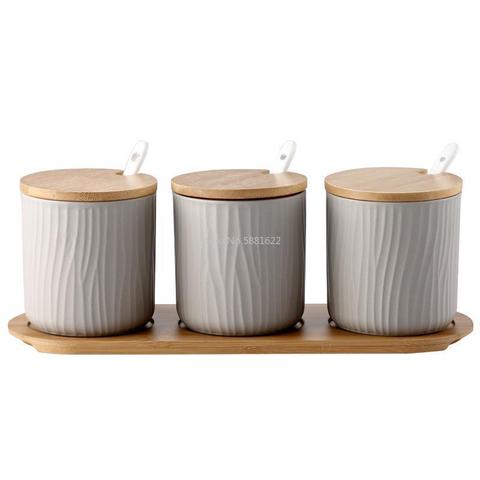 Nordic Ceramic Seasoning Jar with Wooden Lid and Spoon Storage Container Condiment Jars Ceramic Seasoning Rack Kitchen Tool Set ► Photo 1/6