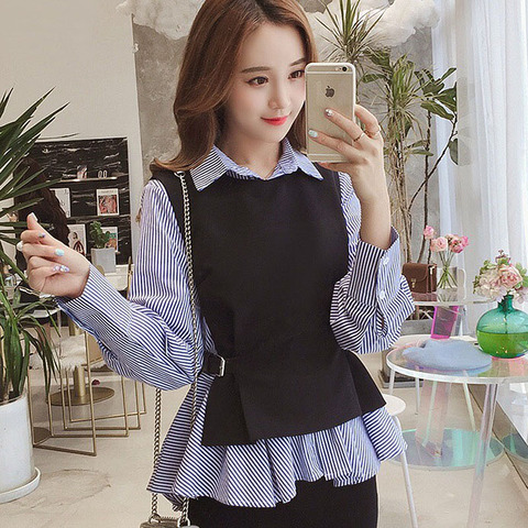 Female Patchwork Shirt Womens Tops Office Blouse Fake Collar ladies Blue Stripe Slim Casual Autumn Warm Shirts  Long Sleeve 2PC ► Photo 1/6