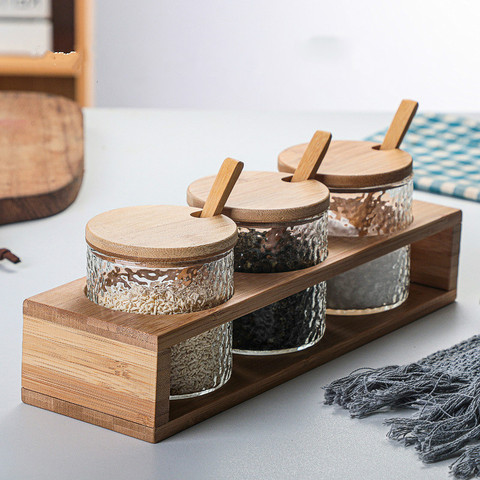 280Ml Japan-Style Hammered Glass Storage Jar Set Straight Bamboo Shelf Seasoning Box Kitchen Salt Sugar Seasoning Bottle Tool ► Photo 1/6