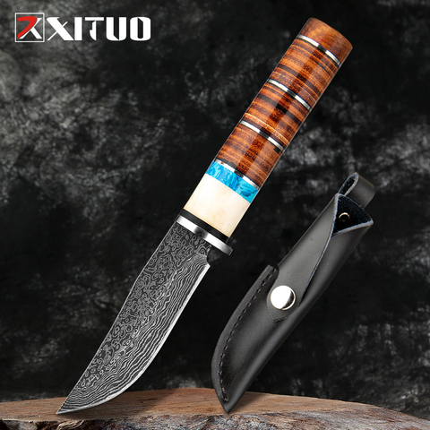 XITUO High carbon steel Handmade Damascus pattern Fixed blade knife survival tactical pocket knife antler handle Leather sheath ► Photo 1/6