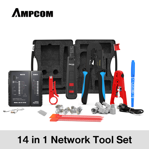 AMPCOM 14 in 1 Professional Network Tool Kit, Ethernet cable Tester Rj45 Rj11 Cat6 Connectors Cable Crimper, Stripper  Pliers ► Photo 1/6