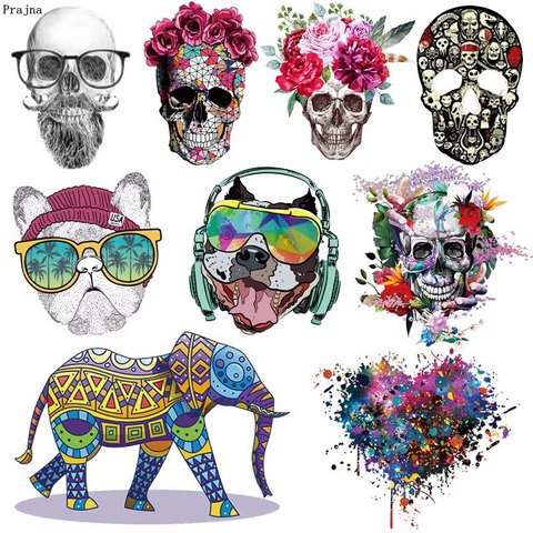 Prajna Skull Patches Iron On Transfers Elephant Heat Transfers Punk Patch For Clothes Thermal Transfer Hot Vinyl Iron Stickers ► Photo 1/6