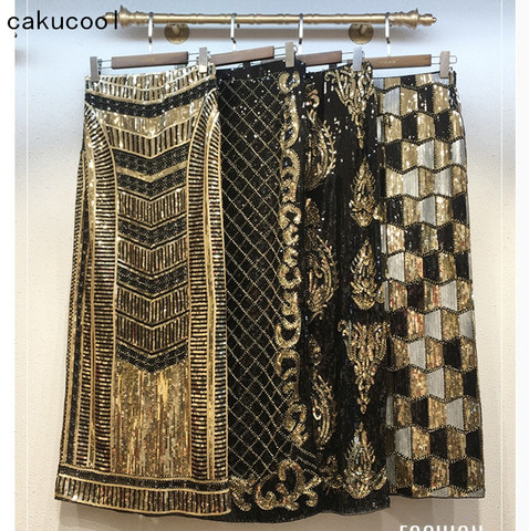 Cakucool Retro Sequined X Long Skirt Vintage Beading Empire Gold Silm Bodycon Runway Bohemian Back Slit pencil  Jupe Sequin ► Photo 1/6