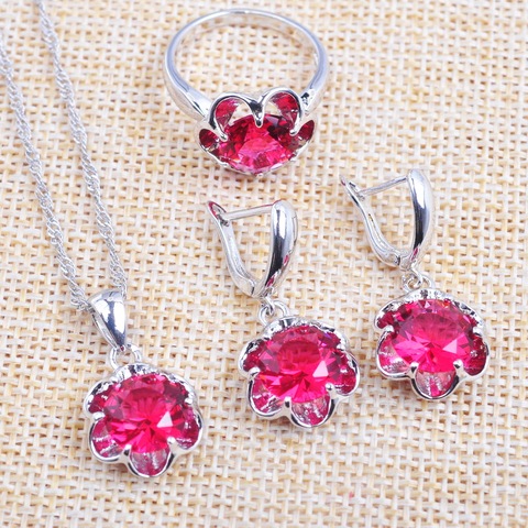 2022 New For Women Wedding  Jewelry Set Silver Color Rose Red Crystal Pendant Earrings Rings Russian Style Jewelry TZ0130 ► Photo 1/5