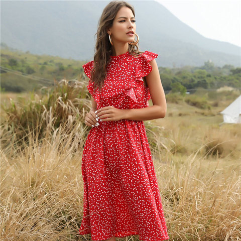 2022 New Summer Dot Print Dress Women Casual Butterfly Sleeve Ruffles Medium Long Chiffon Dress ► Photo 1/6