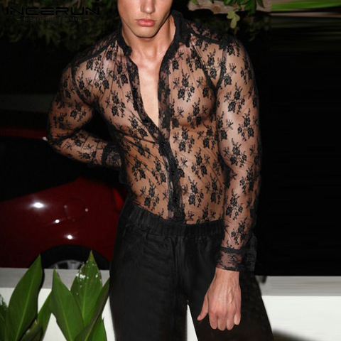 Men Mesh Shirt See Through Sexy Long Sleeve Lapel Button Blouse Fashion Streetwear Party Nightclub Shirts Camisas S-5XL INCERUN ► Photo 1/6
