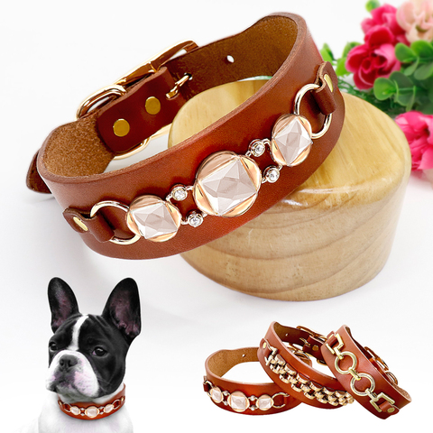 Leather Dog Collar Durable Real Leather Dogs Collars Bling Rhinestone Cool Metal Dog Accessories for Small Medium Dogs ► Photo 1/6