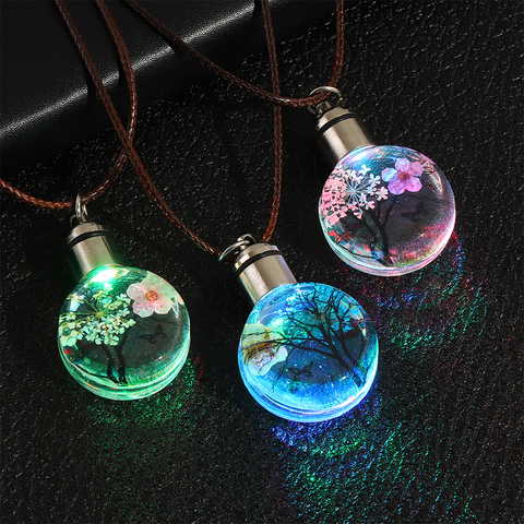 1Pcs Trendy LED Luminous Flower Pendant Ball Necklace For Women Crystal Glass Ball Dried Flowers Necklace Party Wedding Jewelry ► Photo 1/6