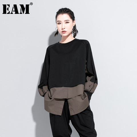 [EAM] Women Army Green Irregular Split Joint Big Size T-shirt New Round Neck Long Sleeve  Fashion Spring Autumn 2022 1DA608 ► Photo 1/6