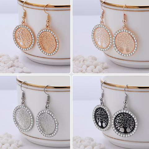 Gold Crystal Drop Earrings Women Hollow Out Tree of Life Pattern Round Moda Mujer Jewelry 2022 Fashion Pendientes ► Photo 1/1
