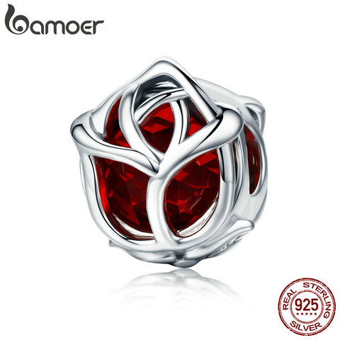 BAMOER Romantic 100% 925 Sterling Silver Rose Flower, Red Crystal Charm Beads fit Women Charm Bracelet DIY Jewelry Making SCC568 ► Photo 1/6