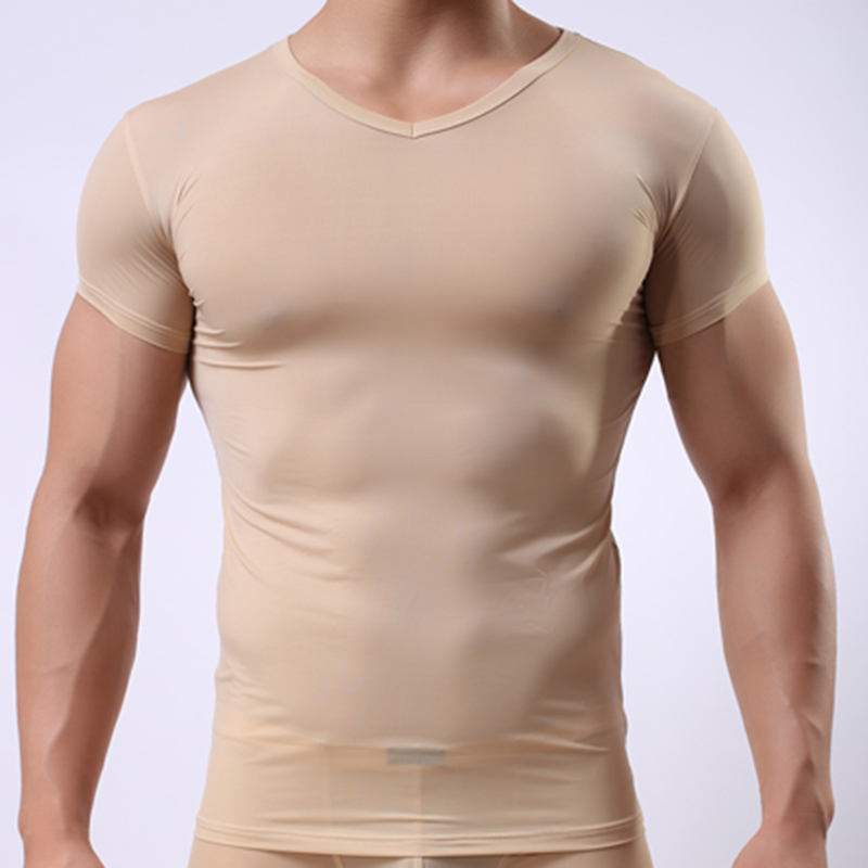 Men Ice Silk T-shirt Seamless Solid Color V-neck Short Sleeve Tops  Undershirt