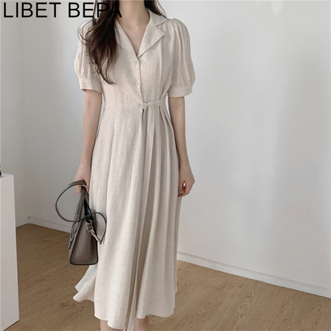 2022 New Women's Summer Dresses Casual High Waist Vintage Puff Sleeve Lace Up Elegant Cotton and Linen Draped Long Dress DR2109 ► Photo 1/6