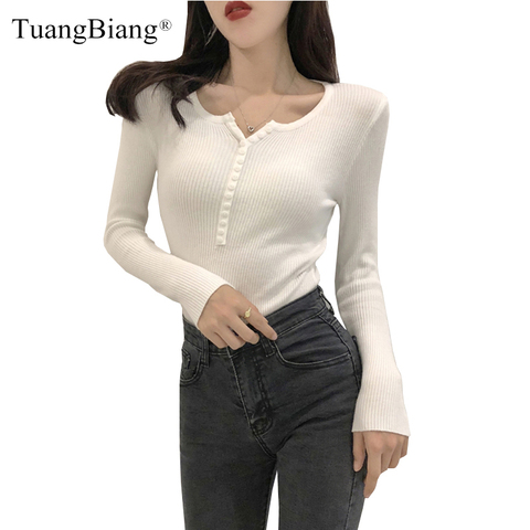 Single Breasted Women Full Sleeve Button V-Neck Sweater 2022 New Knitted Basic Elasticity Pullovers Autumn Winter Jumpers Ladies ► Photo 1/6
