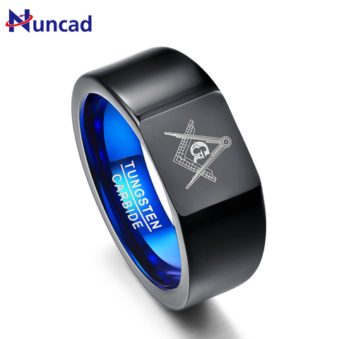 Nuncad 10mm Retro Big Head Style Tungsten Carbide Rings Vacuum Plating Black with Blue Rings Laser Masonic Sign Tungsten Ring ► Photo 1/6