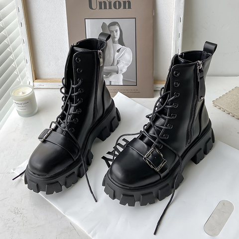 2022 New Winter Ankle Boots for Women Motorcycle Boots Chunky Heels Casual Lacing Round Toe Platform Boots Shoes Female ► Photo 1/6