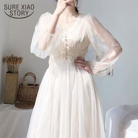 2022 Women Spring Dress Vintage Elegant with Button A-Line Dress Solid Puff Sleeve Lace Voile Mesh Dress Women Vestidos 8126 ► Photo 1/6