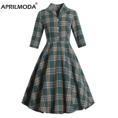 Winter Women Casual Dress 3/4 Long Sleeve Retro Vintage Robes Rockabilly Jurk Green Pin Up Female Office Plaid Printed Vestidos ► Photo 1/6