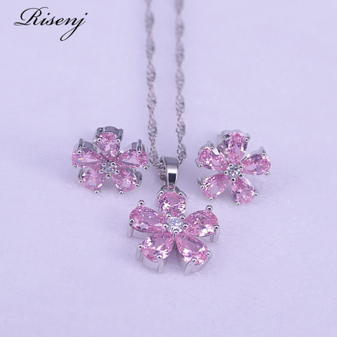 Many Colors Flower Princess Pink 925 Sterling Silver Jewelry Set For Women Stud Earrings Necklace Pendant Costume Jewelry Set ► Photo 1/6