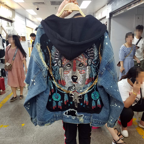 Women's New Trend Wolf Totem Beaded Hole Denim Jacket Retro Raw Edge BF Wind Heavy Industry Loose Women's Denim Coat ► Photo 1/6