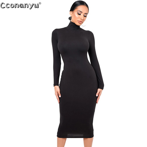 Winter Black Turtleneck Sexy Women Dress Autumn Long Sleeve Skinny Midi Boydcon Casual Blue Plush Knee-Length Party Club ► Photo 1/6