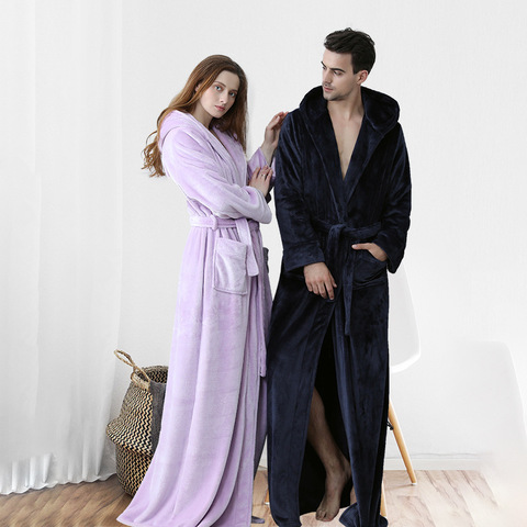 Women Winter Hooded Extra Long Thick Flannel Bath Robe Luxury Peignoir Warm Dressing Gown Men Bathrobe Bridesmaid Wedding Robes ► Photo 1/6