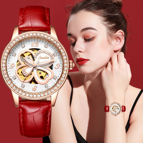 SUNKTA 2022 New Leather Automatic Mechanical Watch Women Brand Luxury Waterproof Watch Elegant Diamond Wrist Watches Gifts Clock ► Photo 1/6
