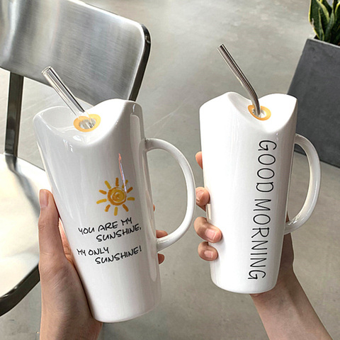 450mL Cute Good Morning/Sunshine Coffee Mug with Stainless Steel/Glass Straw Creative Milk Tea Ceramic Cups Gift for Girlfriends ► Photo 1/6