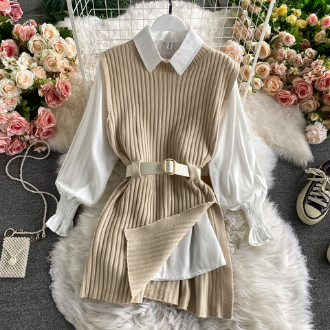 2022 spring autumn women's lantern sleeve shirt knitted vest two piece sets of College style waistband vest two sets top UK900 ► Photo 1/6