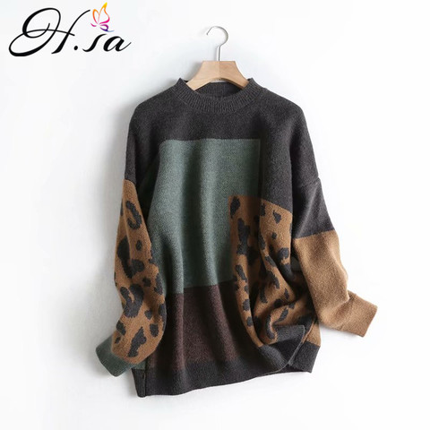 H.SA 2022 Spring Women Vintage Leopard Pullover and Sweaters Patchwork Brown Knit Jumpers Loose Styler Korean Slim Pull Jumpers ► Photo 1/6